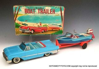 1961 Haji Ford With Boat,  Trailer & Outboard Tin Litho Friction Exc - Nm Box Set