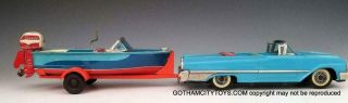 1961 Haji FORD with BOAT,  TRAILER & OUTBOARD Tin Litho Friction EXC - NM BOX SET 3