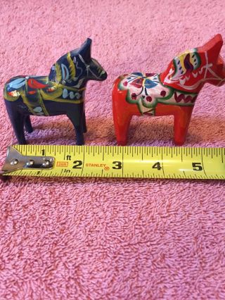 Two 3” Vintage Nils Olsson Dala Horses From Sweden Red & Blue Sticker
