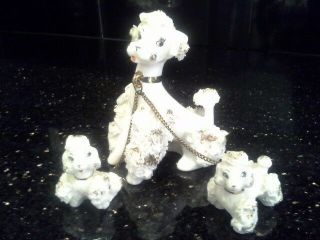 Poodle Vintage Spaghetti Mid Century Modern Ceramic Dog Figure On Chain W/pups