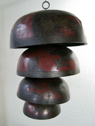 Antique Set Of 4 Hand Hammered Japanese Bells Graduated Bowls W/ Dragons