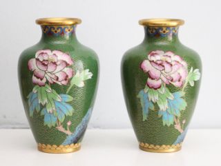 A Pair Antique Chinese Cloisonné Gilded Vases,  Peonies On Green
