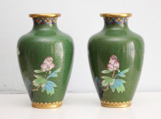 A Pair Antique Chinese Cloisonné Gilded Vases,  Peonies on Green 2