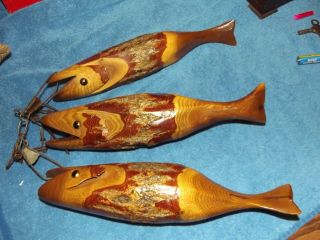 3 Vintage 12 " Wood Carved Fish