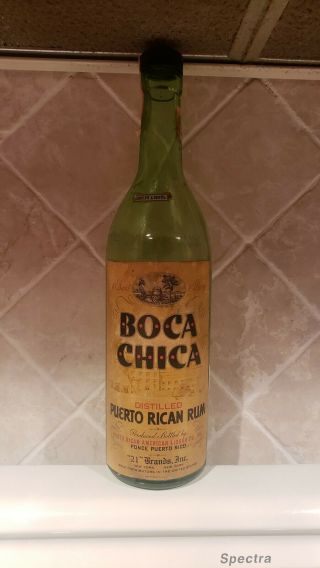Vintage Boch Chica Rum Bottle,  Green One Quart,  Paper Label Puerto Rican & Ny