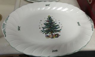 Large 20 " Nikko Christmas Tree Happy Holidays Oval Serving Platter Plate Euc