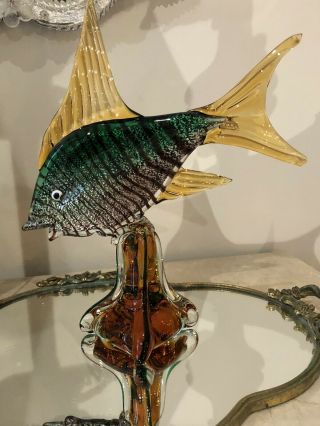 Large Vintage Murano Art Glass Fish Tall Figurine Sculpture Silver Green Amber