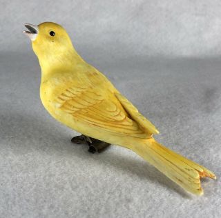Vintage 1940s Yellow Bisque Porcelain Clip On Bird Canary Figurine Or Ornament