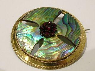 Large Antique Victorian 14k 14ct Solid Gold Abalone & Garnet Pin Brooch 858