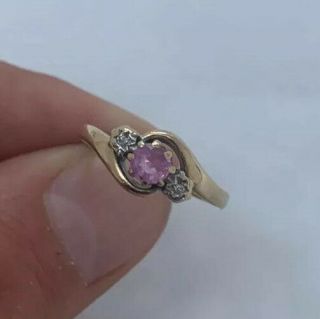 9ct Gold Pink Sapphire And Diamond 3 Stone Art Deco Design Ring