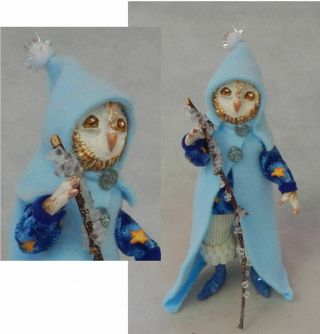 Owl Ooak Fairy Winter Sculpture Handmade White Fairies Clay Art Doll Christmas