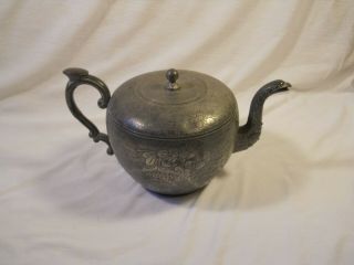 Antique Chinese Engraved Kut Hing Swatow Pewter Teapot.  2nd ½ 19th C.  9 ½”