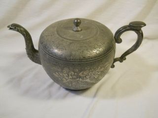 Antique Chinese Engraved Kut Hing Swatow Pewter Teapot.  2nd ½ 19th c.  9 ½” 2