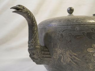 Antique Chinese Engraved Kut Hing Swatow Pewter Teapot.  2nd ½ 19th c.  9 ½” 3