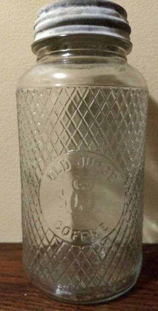 Vintage Old Judge Coffee Glass Mason Jar With Owl Logo And Zinc Lid