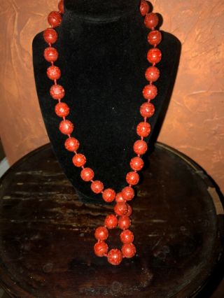 Chinese Carved Red Cinnabar 14 - 15mm Bead Necklace Hand Knotted