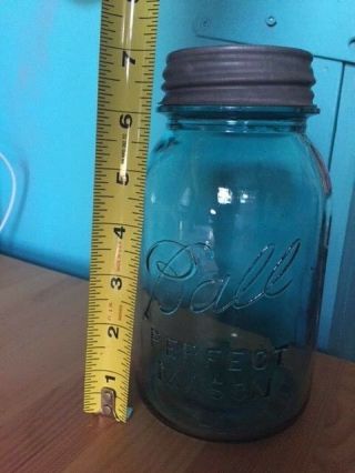Vintage Aqua Ball Perfect Mason Quart Fruit Canning Jar 13 W/ Zinc Lid/insert