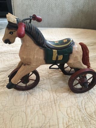 Vintage Wood Rocking Horse Tricycle Wheels Hand Carved & Painted 9 " X 7 1/2 "