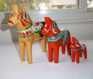 3 Vintage Folk Art Swedish Nils Olsson Dala Carved Wood Horses With Labels