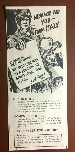 1944 Canada Ad Canadian Wwii Recruiting Jack Canuck Motorcycle From Italy