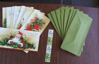 Set Of 8 Vintage Christmas Cards And Envelopes & 8 1966 Christmas Stamps