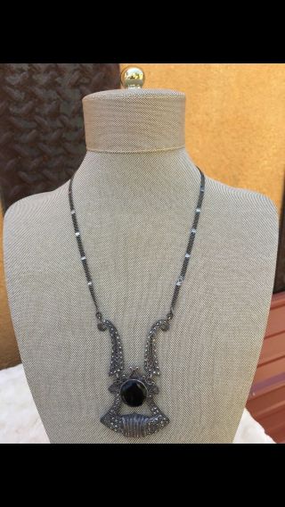 Vintage Art Deco Looking Sterling Onyx And Marcasite Pendant Necklace
