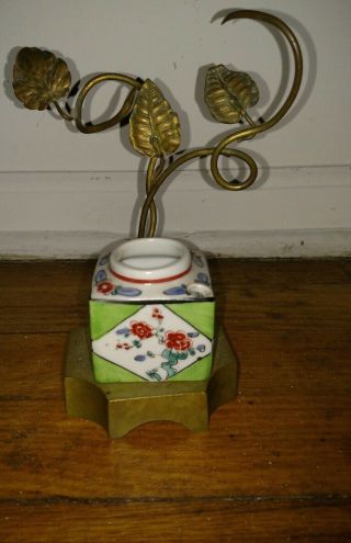 Antique 19thc Chinese Porcelain Inkwell Brass Stand With Leafs