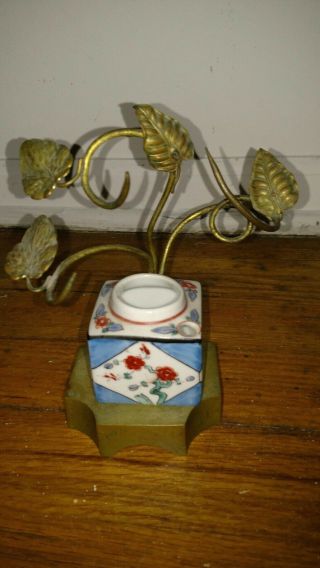 Antique 19thc Chinese Porcelain Inkwell Brass Stand With Leafs.