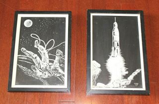 (2) 1969 Vintage Nasa Astronaut Space Travel Apollo Framed Pin Scratchboard Art