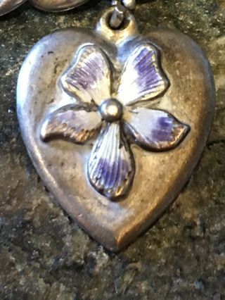 Vintage 1940’s Sterling Puffy Heart Charm: Applied Enamel Pansy Hard To Find 2