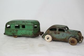 Arcade Toys,  Cast Iron 1937 Ford With Covered Wagon Camper Trailer,