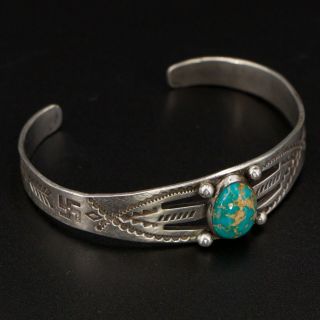 Vtg Sterling Silver Navajo Stamped Whirling Log Turquoise 5.  5 " Cuff Bracelet 11g