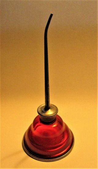 H.  T.  F.  Eagle Oil Can Thumb Pump Action Red Plastic Small Machine Narrow Nozzle