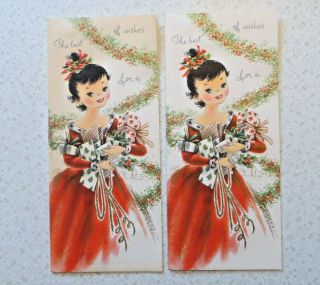 2 Vintage 1950s Christmas Cards Pretty Girl W/ Holly Hairdo & Presents Sunshine
