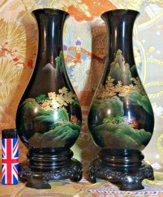 Large Pair Antique Chinese Foochow Fujian Lacquerware Vases 10 7/16 "
