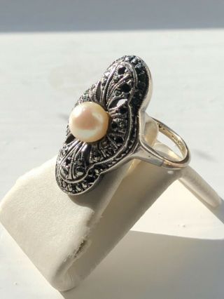 Antique Edwardian Art Deco 9 Carat Gold And Silver Marcasite Pearl Ring Size L