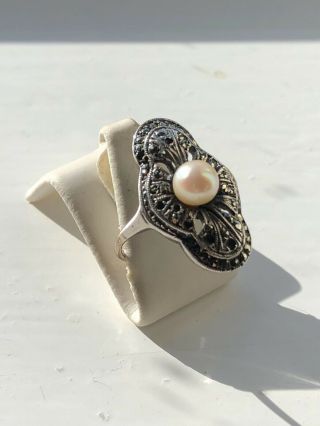 Antique Edwardian Art Deco 9 Carat Gold And Silver Marcasite Pearl Ring Size L 2