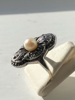 Antique Edwardian Art Deco 9 Carat Gold And Silver Marcasite Pearl Ring Size L 3