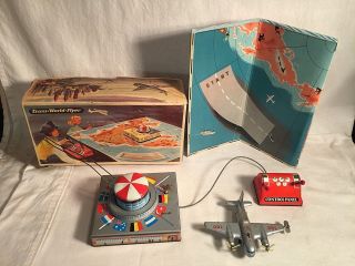 Vintage 1950s Biller Tin Wind Up Trans World Flyer Airplane Remote Control,  Box