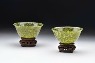 Chinese Qing Dynasty Spinach Jade Bowls With Wooden Stands