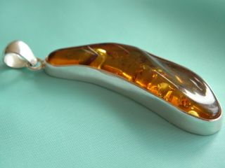 Unusual Large Sterling Silver & Honey Amber Pendant 78mm Length