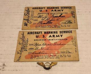 2 Wwii Us Army Aircraft Warning Service Observer Id’s & Wings Pin Husband & Wife