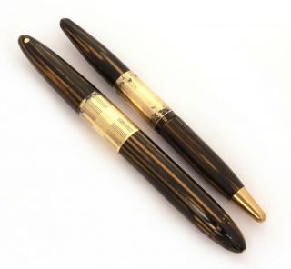 Sheaffer Clipless Tuckaway Fountain Pen 14k Nib Mechanical Pencil Striated Brown