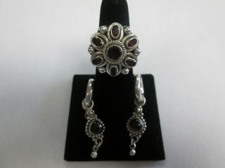 Designer Doug Paulus Dp India Sterling Silver 925 Garnet Flower Ring & Earrings