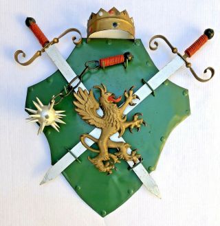 Vintage Medieval Lion Shield Crown Sword Spiked Flail Man Cave Wall Decor