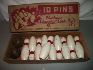 Vintage Buckeye Wood Products 10 Pin Small Bowling Set 7 1/2 " Orig.  Box Tenpin
