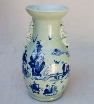 Vintage Chinese Hand Painted Vase - Foo Dog Handles Blue & White
