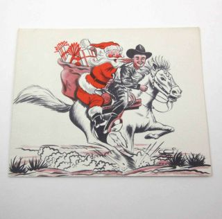 Vintage Mid Century 1950s Christmas Card Santa Cowboy Horse Harmony Farms Dairy