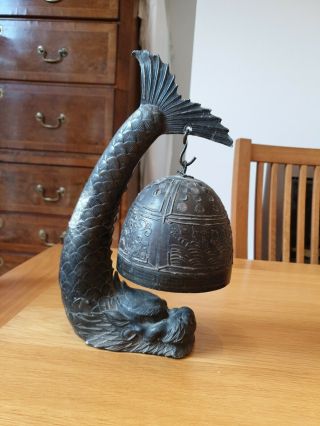 Vintage Antique Chinese Bronze Bell On Bearded Dragon / Dolphin Fish Stand.  32cm