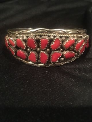 Red Coral Vintage Navajo Sterling Silver Bracelet Native American Cuff Pawn